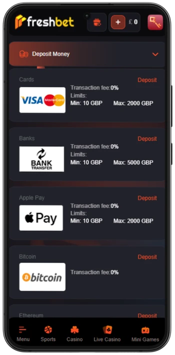 Freshbet make a deposit